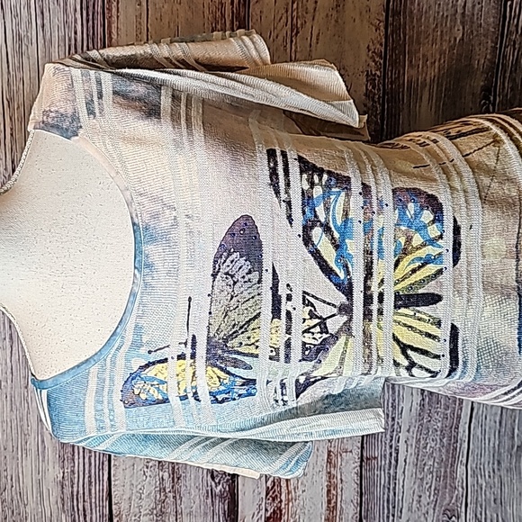 STYLE & CO BLUE YELLOW BUTTERFLY FLUTTER SLEEVE PULLOVER TOP - Picture 2 of 13